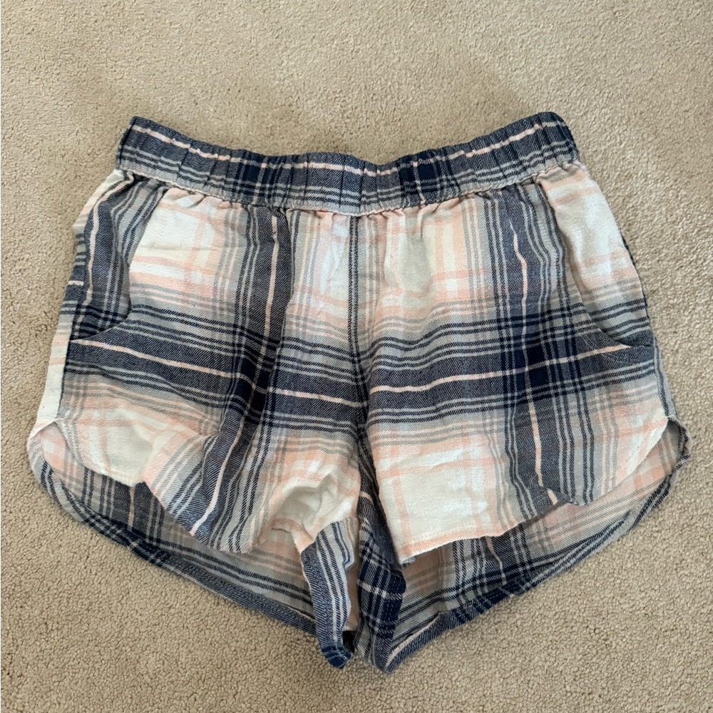 Free Press High Waist Plaid Shorts in Blue and Pink